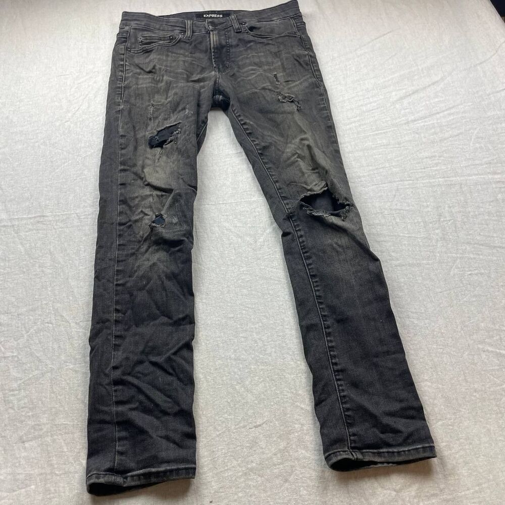 Express Hyper Stretch Skinny Jeans Mens Size 29X30 Black Denim Distressed Casual